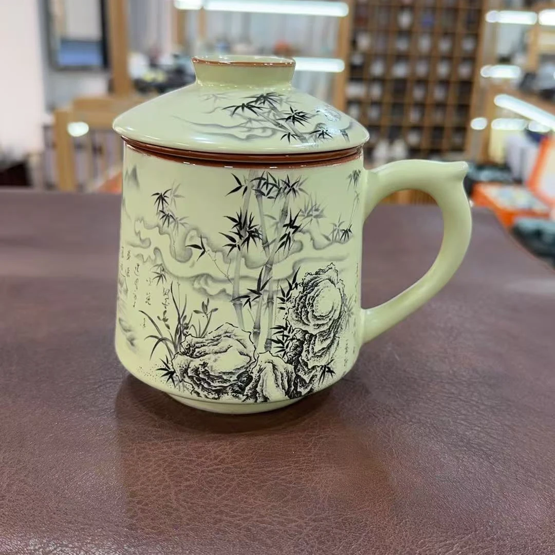 汝窑墨竹陶瓷泡茶杯茶水分离杯