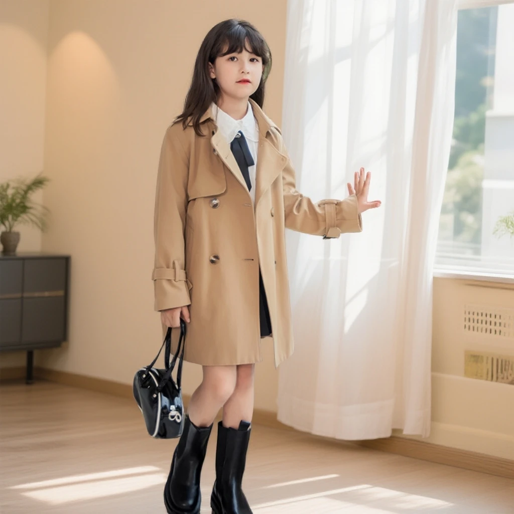 中大女童童装秋季时髦英伦风格卡其色中长款洋气外套风衣适合