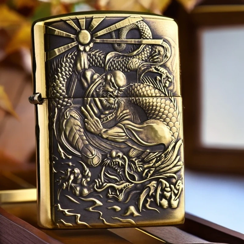 【CC】zippo打火机黄铜盔甲浮雕降龙伏虎之宝防风火机送男友DY9912F