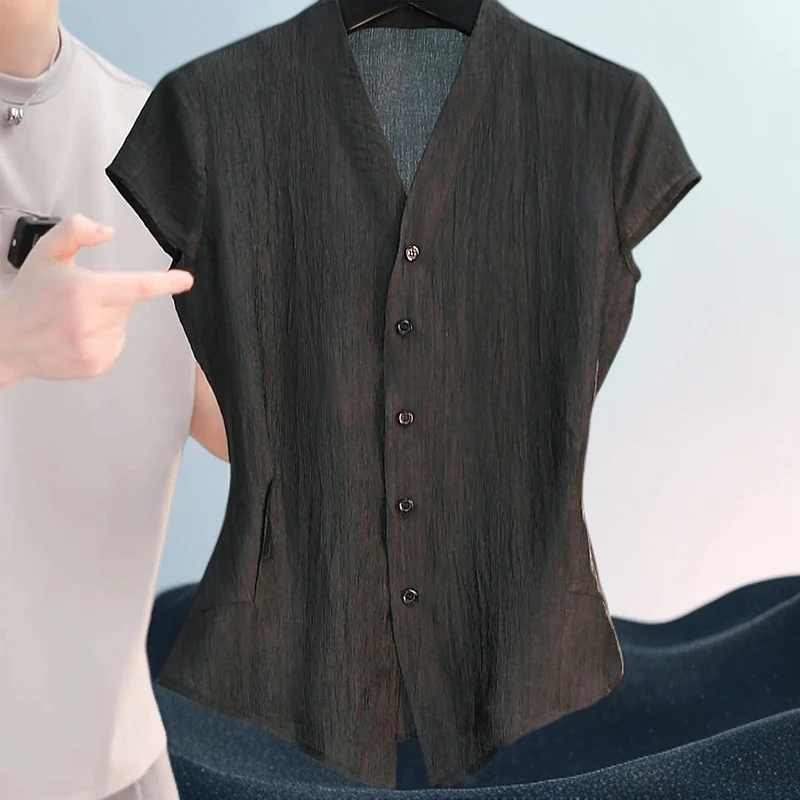 新款高级感V领收腰显瘦复古夏季短袖黑色衬衣衬衫时尚气质上衣