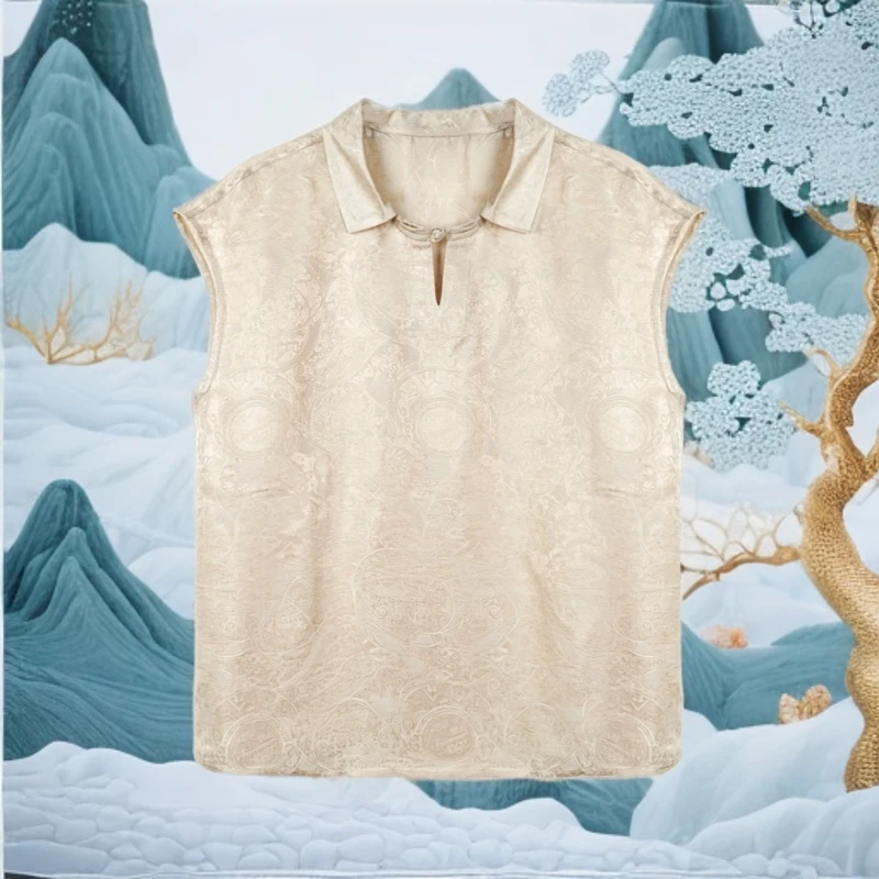 Li 2025新款四经绞萝杏色腰果花衬衫领马蹄袖衬衫中式上衣55zh03