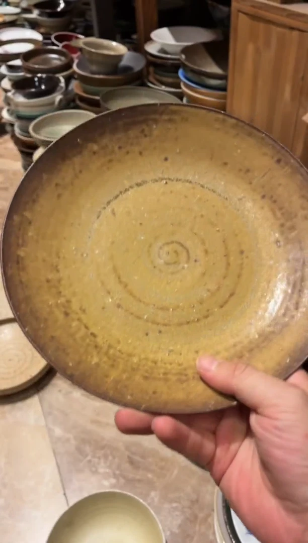 瓷片咸*七945粗陶黄色大盘1个