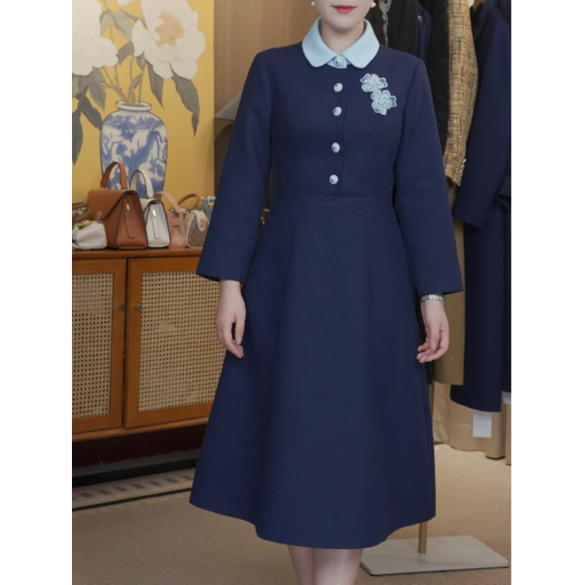 彼得潘领撞色华夫格连衣裙秋冬新款优雅知性显瘦A字裙(有内衬)