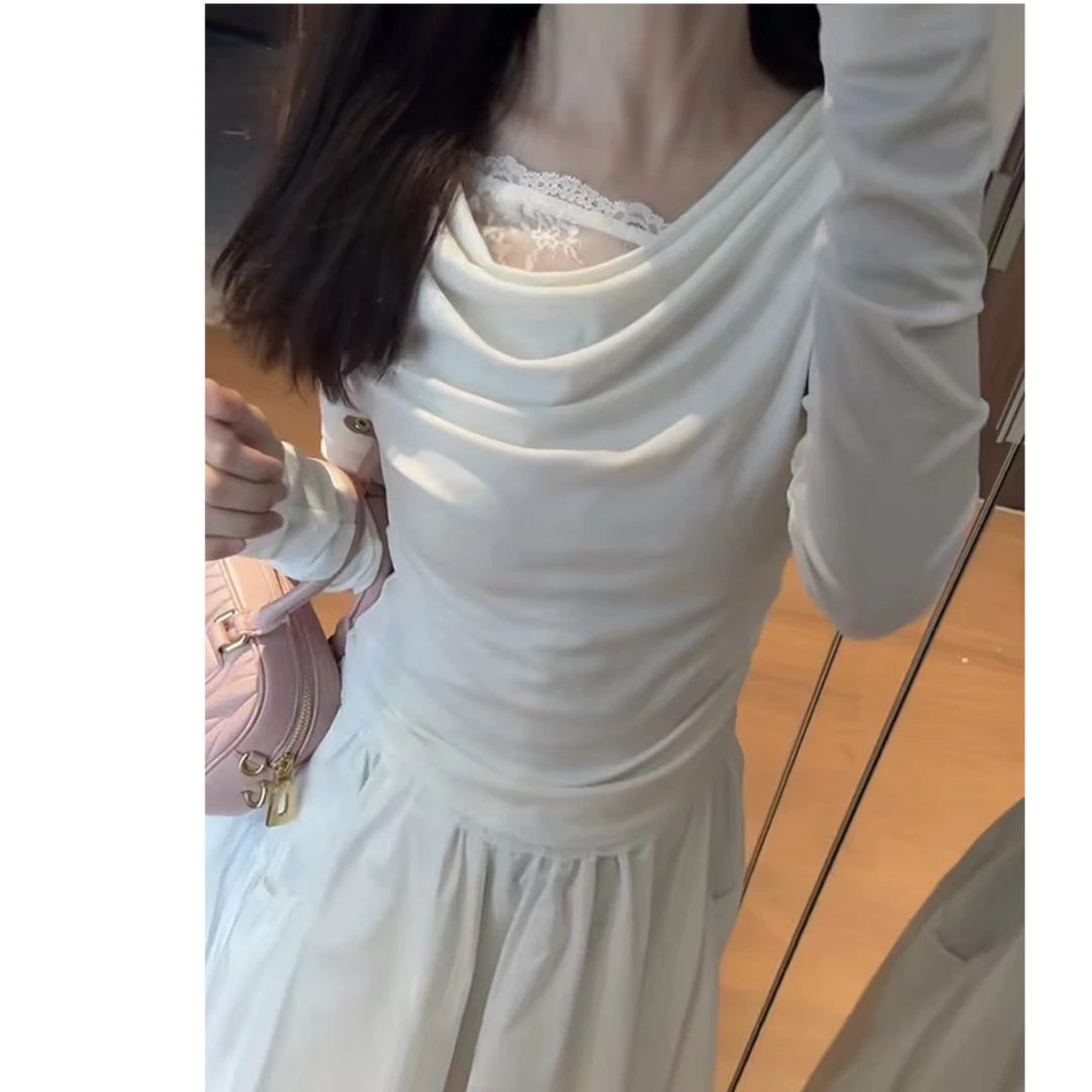 【痘痘私服】|【心动缪斯】蕾丝荡领假两件收腰长袖上衣