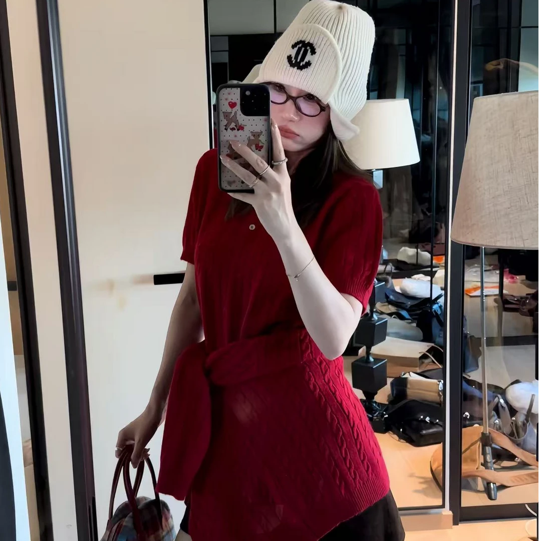 LA 浆果红 绞花翻领 短袖针织毛衣 26760