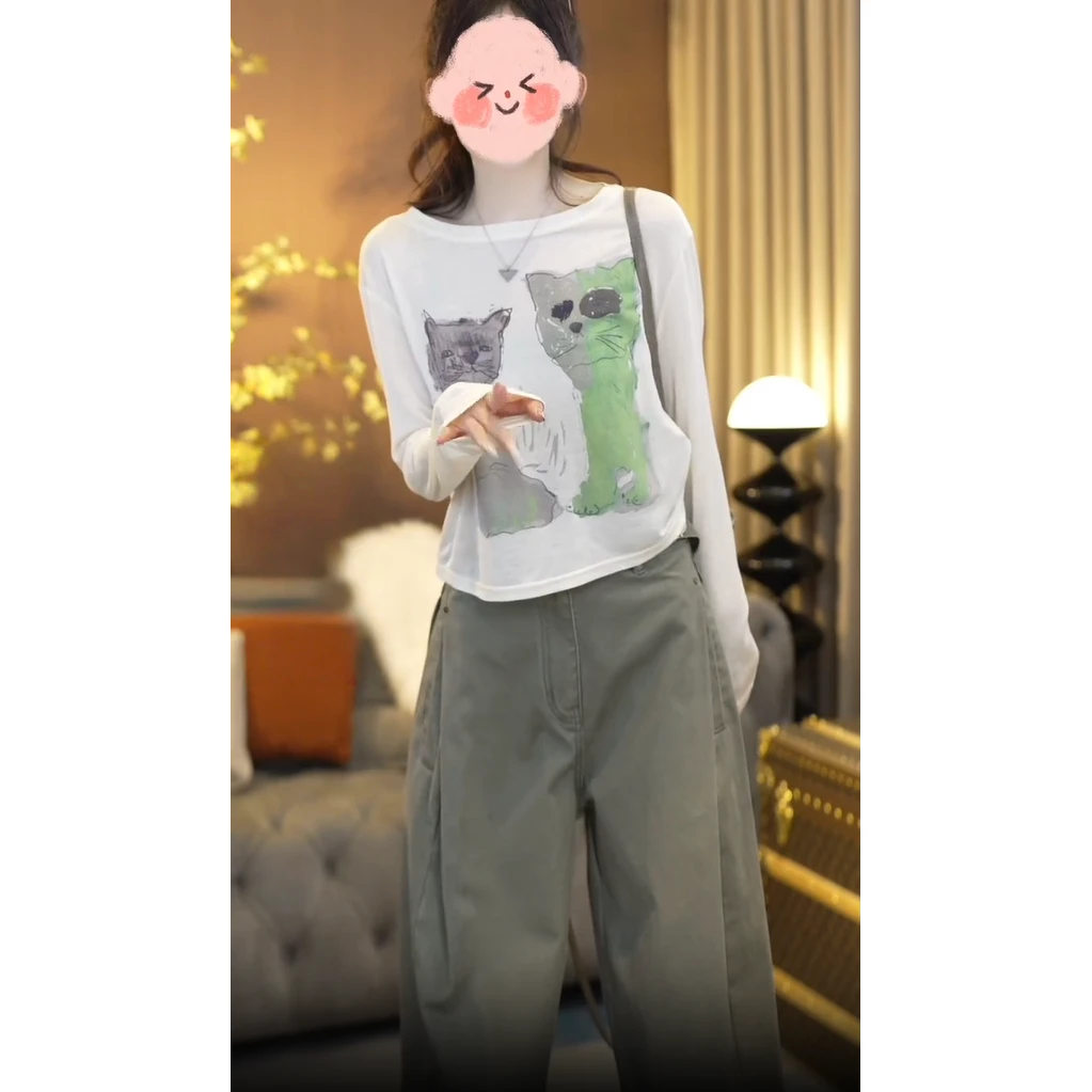 2025春夏季新款爆款高级感卡通猫咪长袖T恤女薄款透气防晒衫上衣