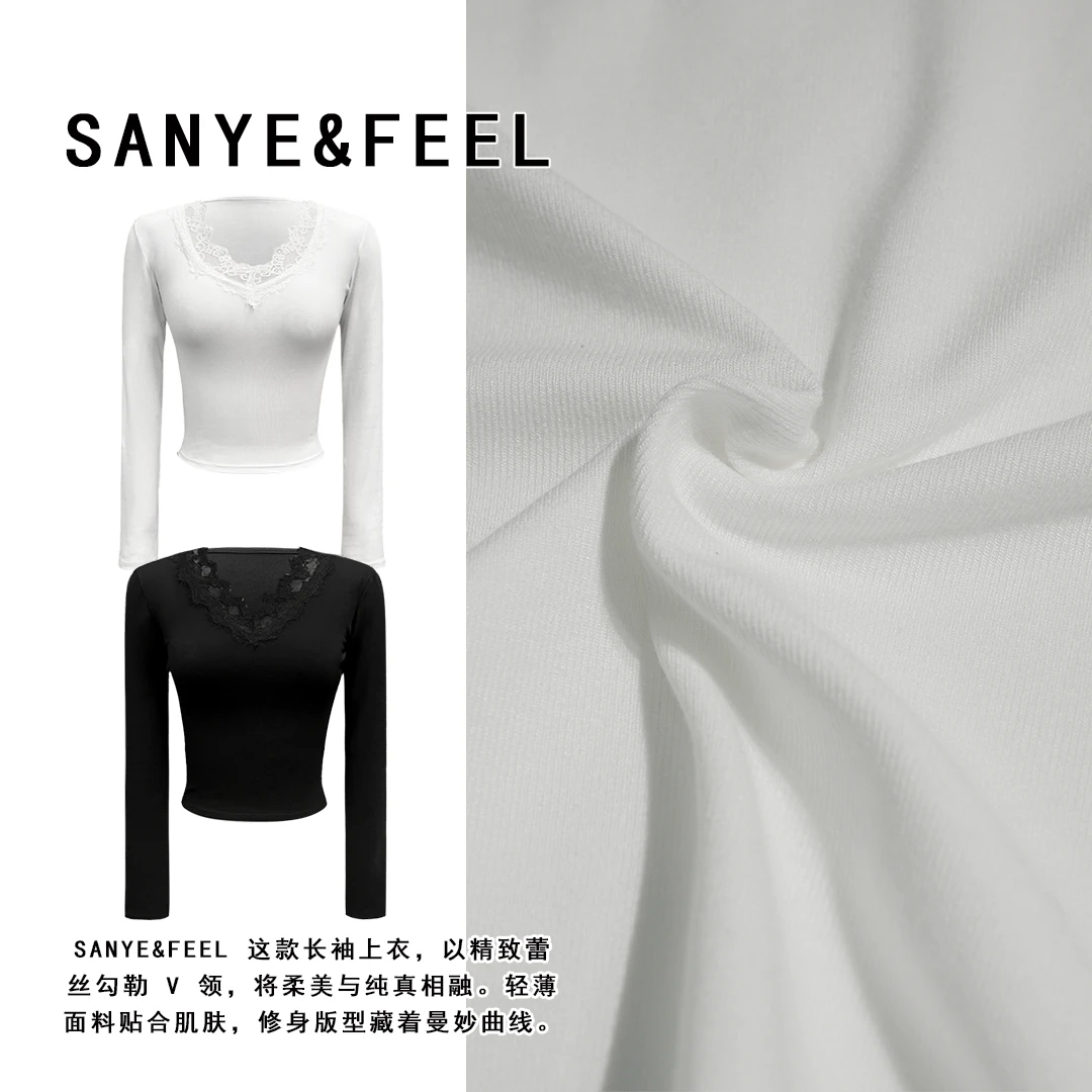 sanye&feel/妍三也【早秋蕾丝】秋季新款法式蕾丝边长袖修身53057YX