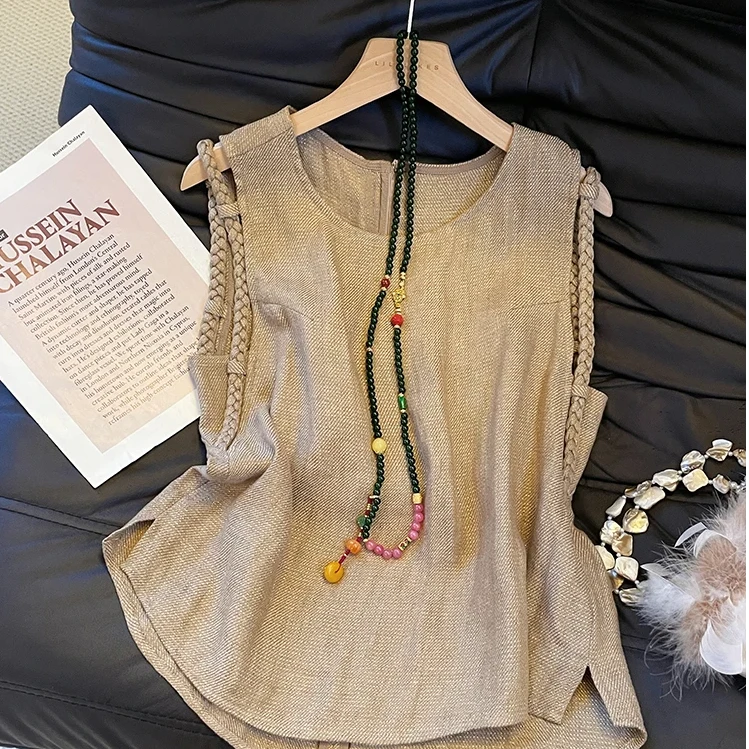 2025夏季新款法式老钱风时尚气质百搭轻熟简约设计无袖圆领上衣女