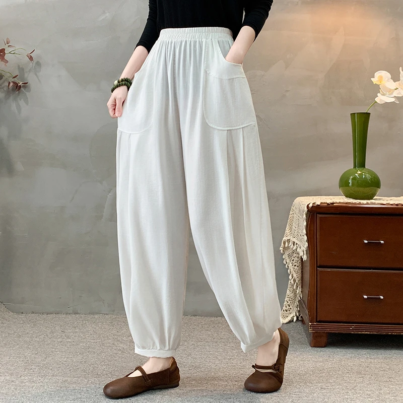 新款夏季高端时尚休闲宽松显瘦大码透气松紧腰凉爽哈伦女裤