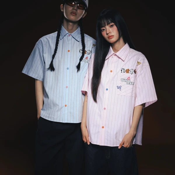 WHOOSIS（不知其名）趣味小狗条纹短袖衬衫刺绣时尚薄款夏季ins潮