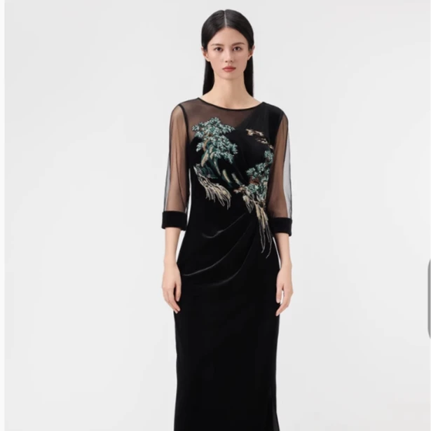 【千里江山】古色25春商场同款圆领中长袖贴花收腰小礼服婚宴礼服