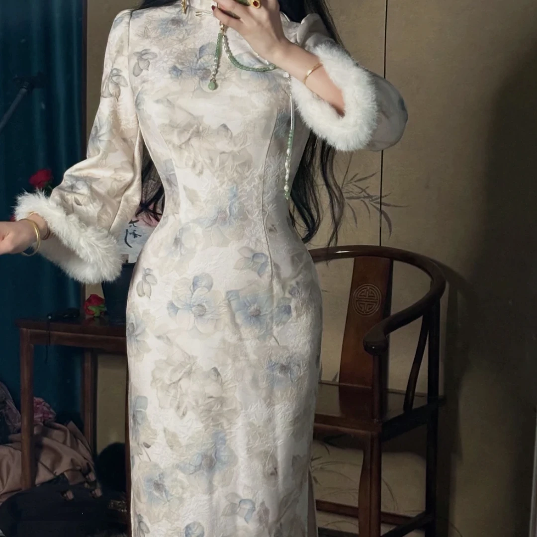 LHMknk1活动画报夫人原创自制秋冬温柔厚款倒大袖旗袍 厚款蓝茶