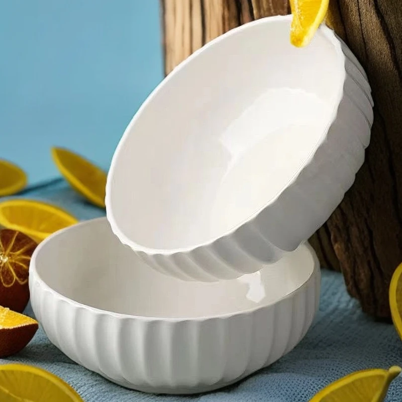 【瓷县令】10英寸陶瓷南瓜汤碗纯白浮雕大汤碗  加厚加深