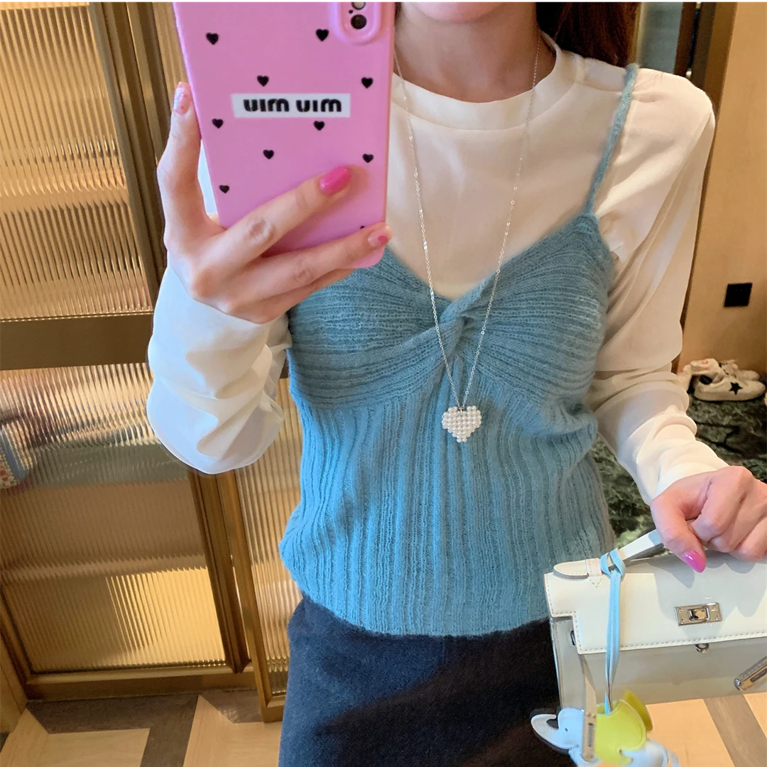 JENNIFER JXLIU冬～气质感毛线编织小吊带+修身丝绒上衣两件套装女