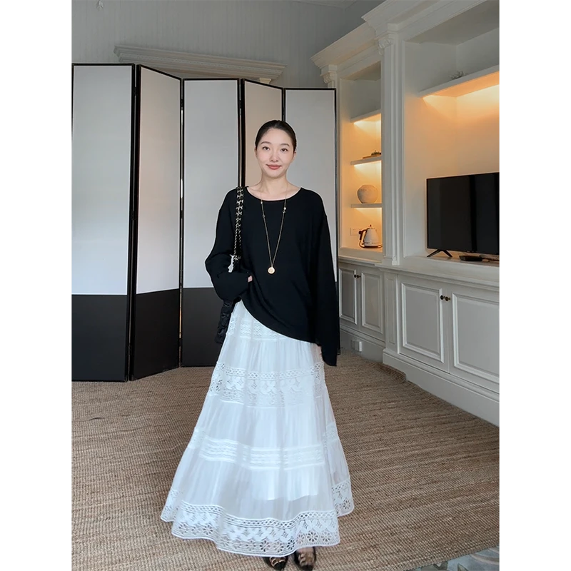 郭九九呢 桑蚕丝羊毛圆领宽松针织衫重工蕾丝半身裙 G925Z12722