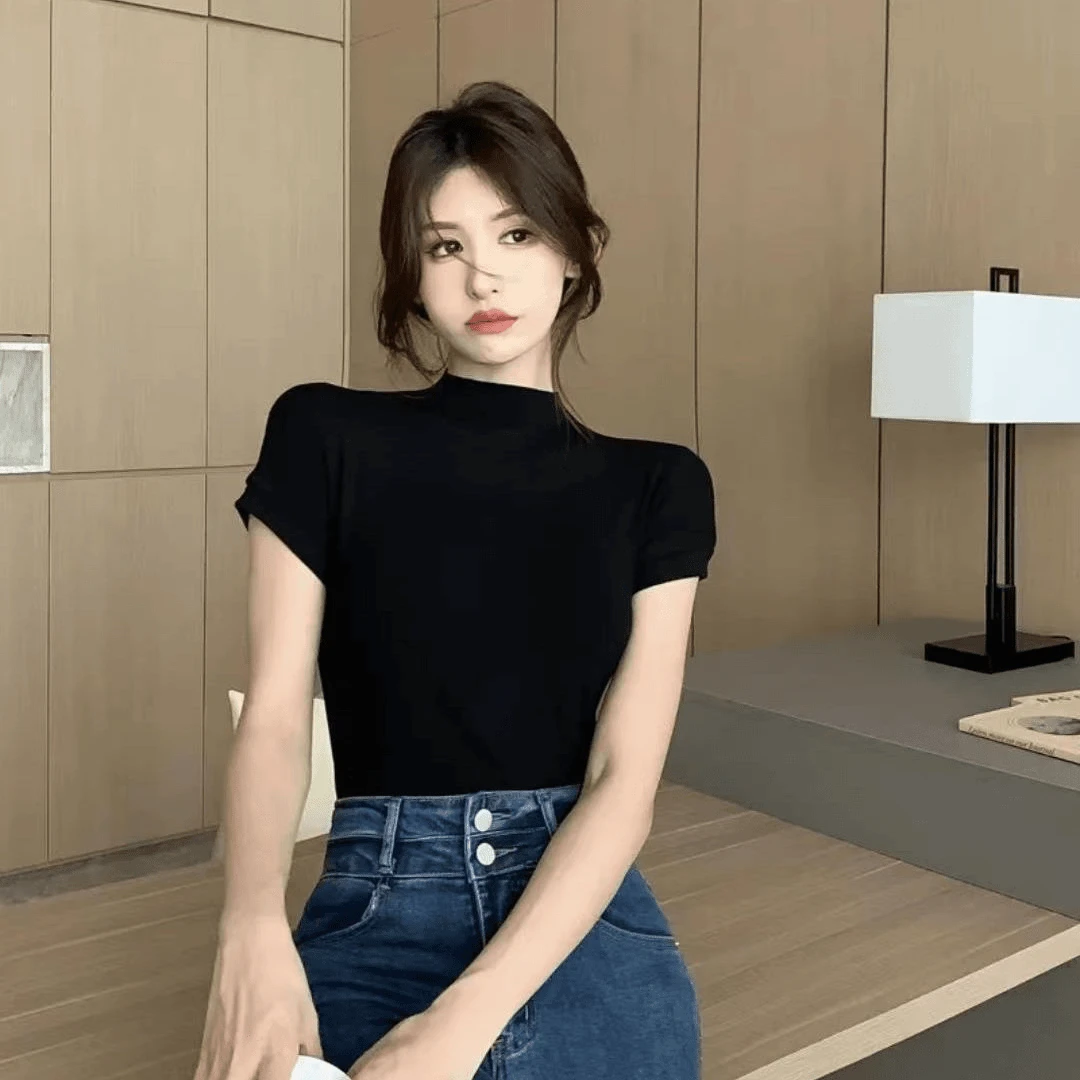 短袖半高领显瘦T恤半袖秋季时尚百搭