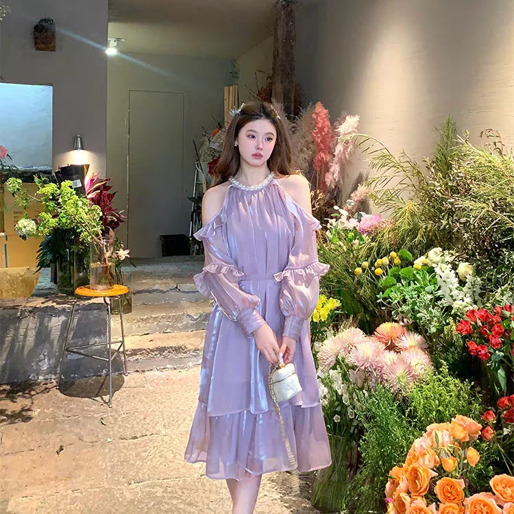 【现货】大码法式茶歇甜辣妹露肩珍珠挂脖生日蓬蓬连衣裙10991