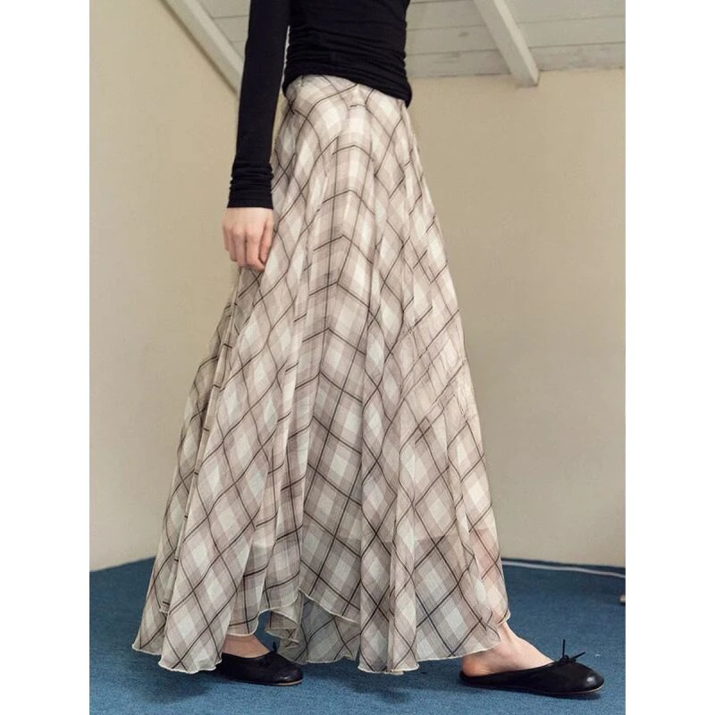 D-1052【md】夏季新款 法式飘逸休闲棕色格纹半身裙女2226