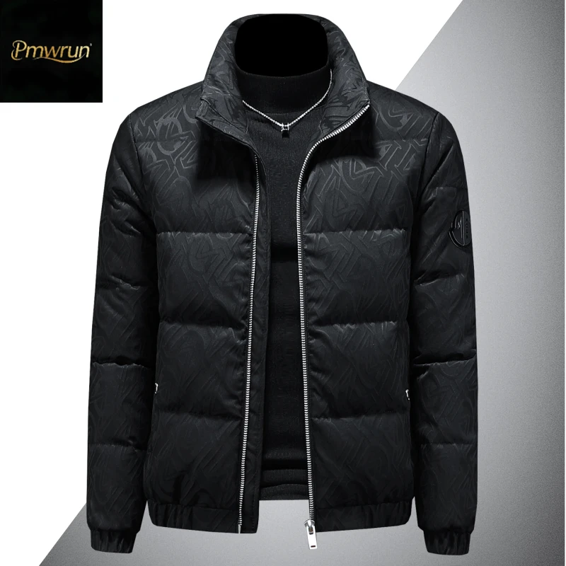 高端休闲羽绒服男士提花90白鸭绒立领短款加厚保暖外套新款棉服