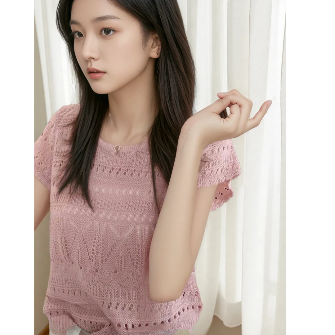 洋气温柔减龄设计感镂空上衣女2025夏季新款慵懒宽松显瘦针织衫