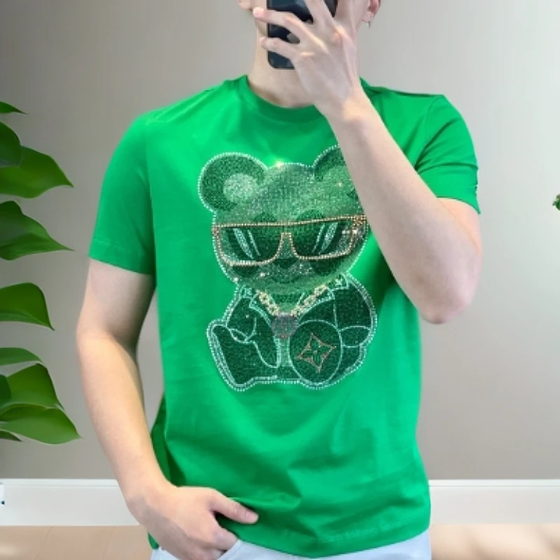 <古帝特尼>男士新款圆领重工百搭网红时尚小熊烫钻短袖T恤Z+28061