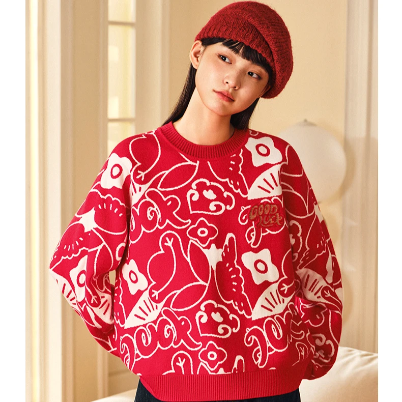 安踏好事发生丨新年红色毛衣女款宽松百搭卫衣针织上衣