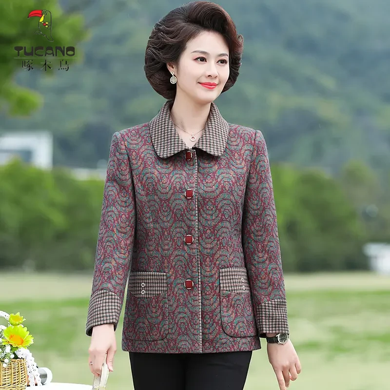 啄木鸟中老年妈妈装春季纽扣开衫外套女装格子上衣时尚显瘦外套