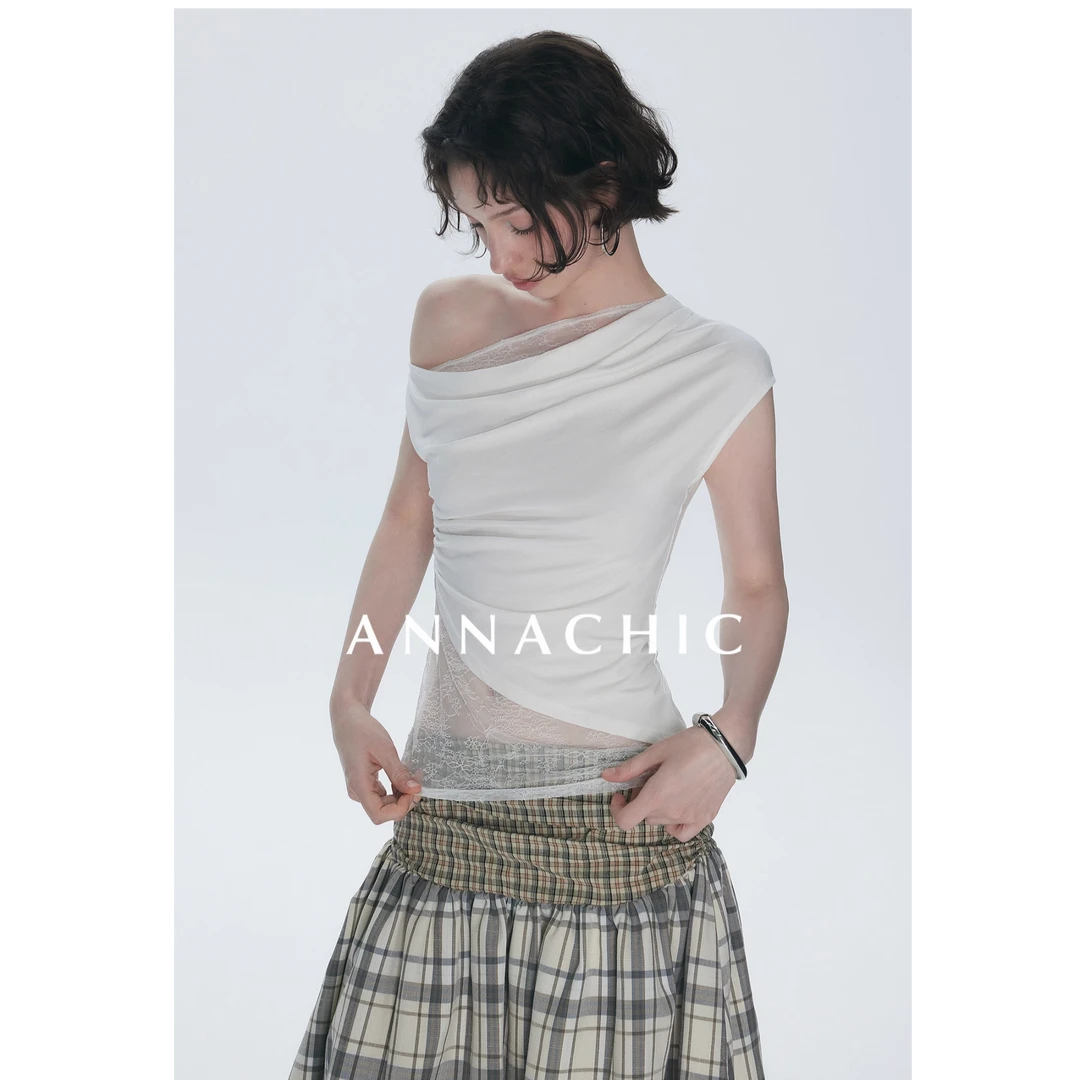 ANNACHIC黑色拼接蕾丝无袖T恤女2025年夏季新款修身显瘦百搭上衣