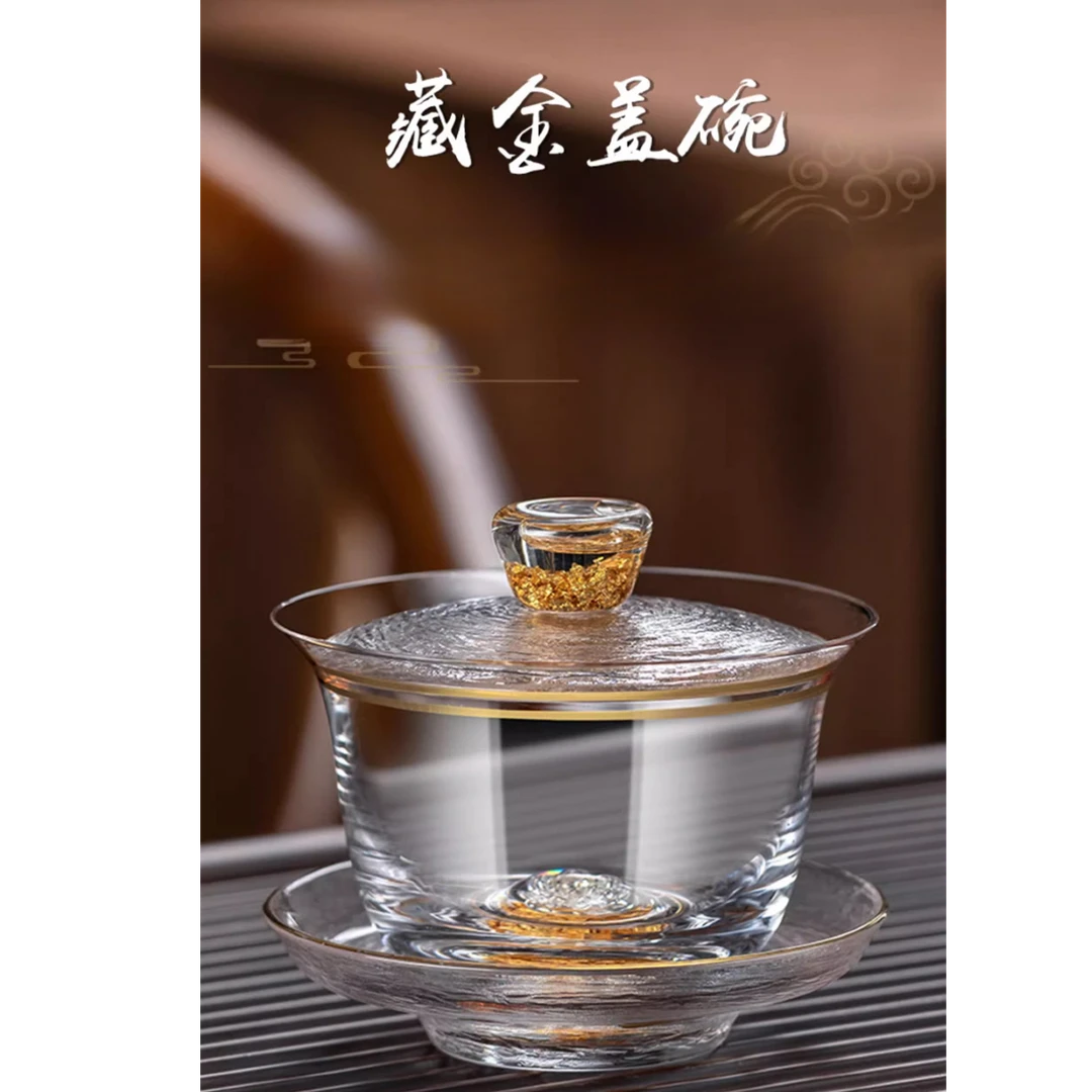 高端轻奢水晶莲花钻石盖碗手工带盖镶嵌金箔耐热描金茶道高档防烫