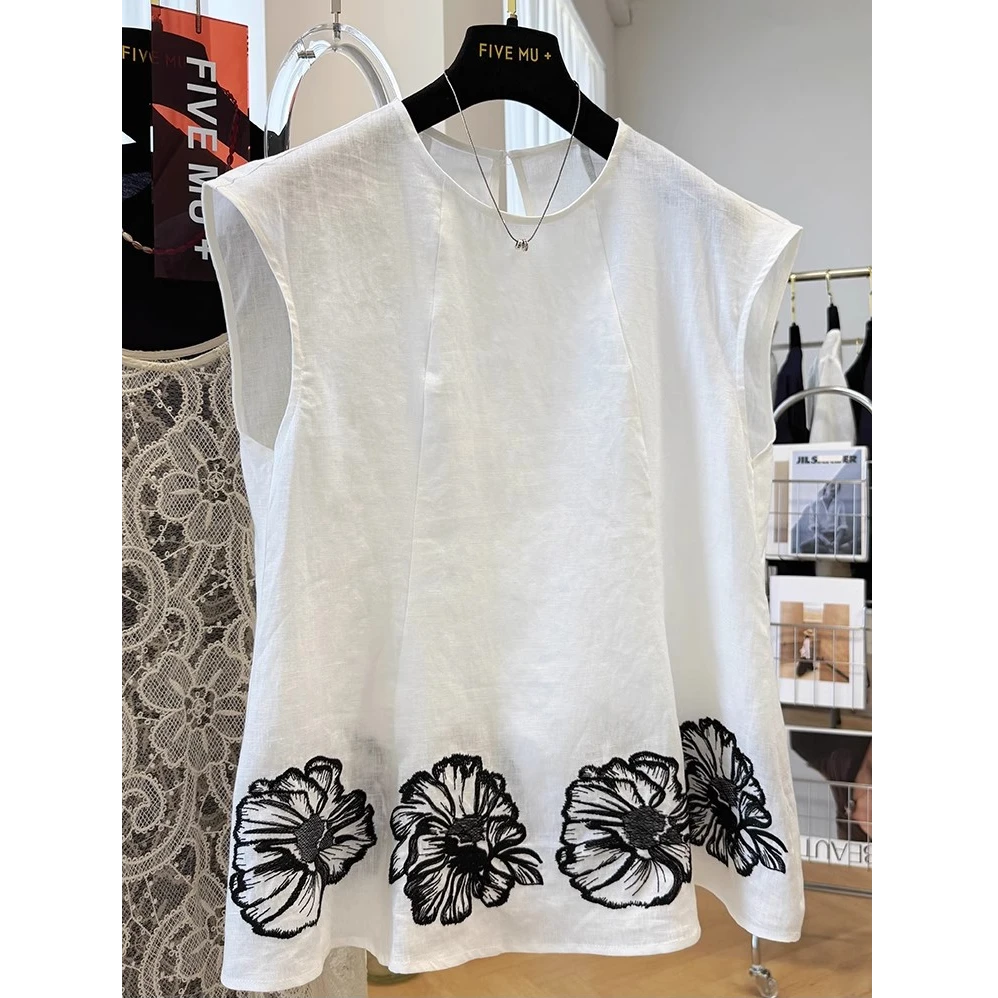 亚麻刺绣花朵独特漂亮无袖裙摆小衫夏季时尚新款外穿马甲背心上衣