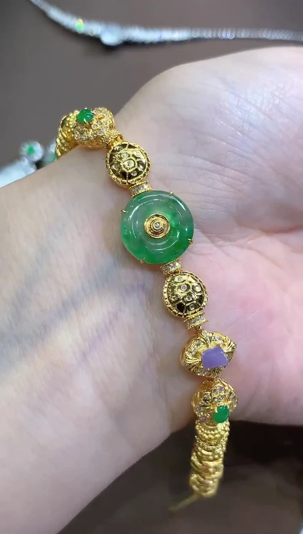 足金镶嵌手链翡翠春日珠宝 B64紫货有色差