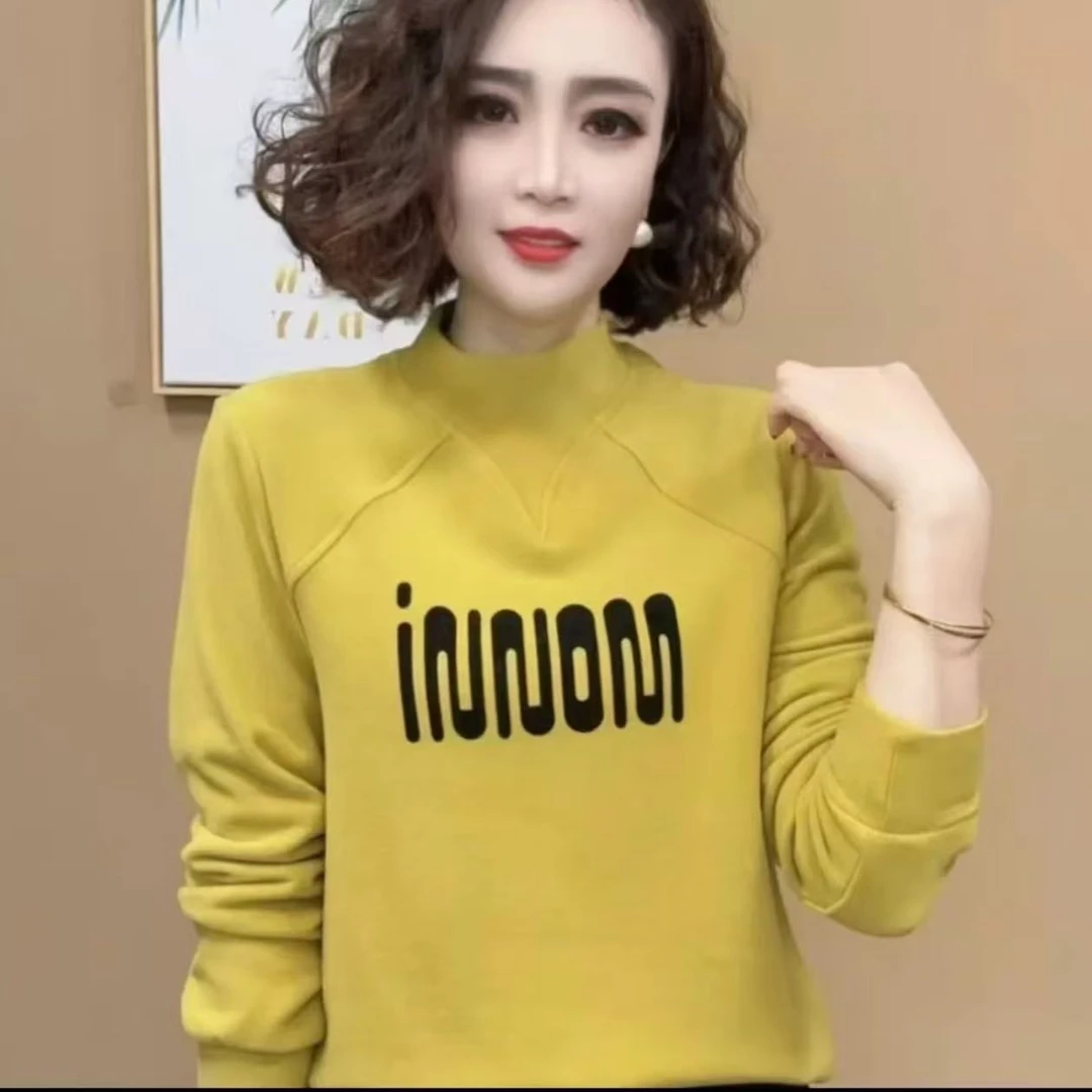 2024冬季新款时尚洋气百搭加绒字母长袖减龄打底衫女气质上衣