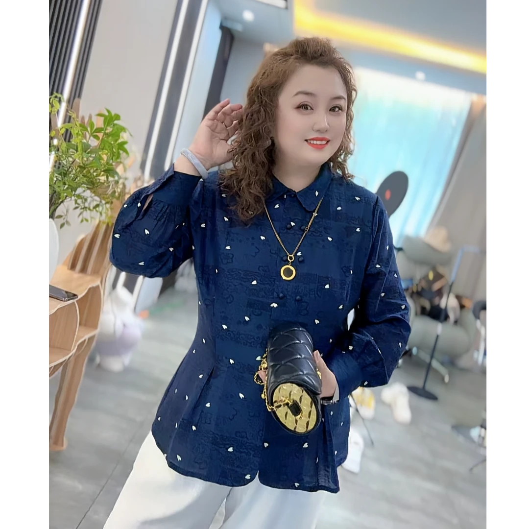 8910（丹姐家）早秋新款韩范丝麻印花休闲通勤藏蓝色爱心衬衫上衣女