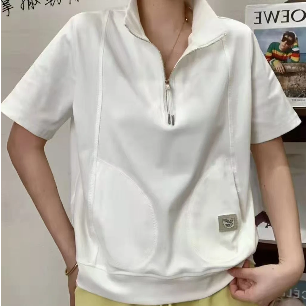 千金风韩版休闲女士立领拉链纯色时尚有弹力短袖T恤减龄夏季气质