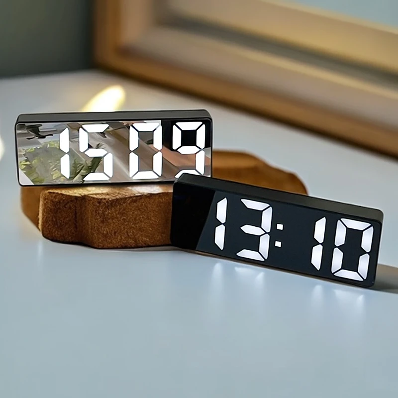 夜光镜面时钟宿舍桌面LED电子钟表ins风数字显示电子闹钟台式摆件