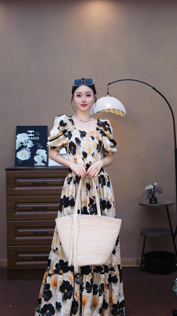 【865】新款气质收腰泡泡袖一字肩印花碎花连衣裙夏季长款裙子长裙