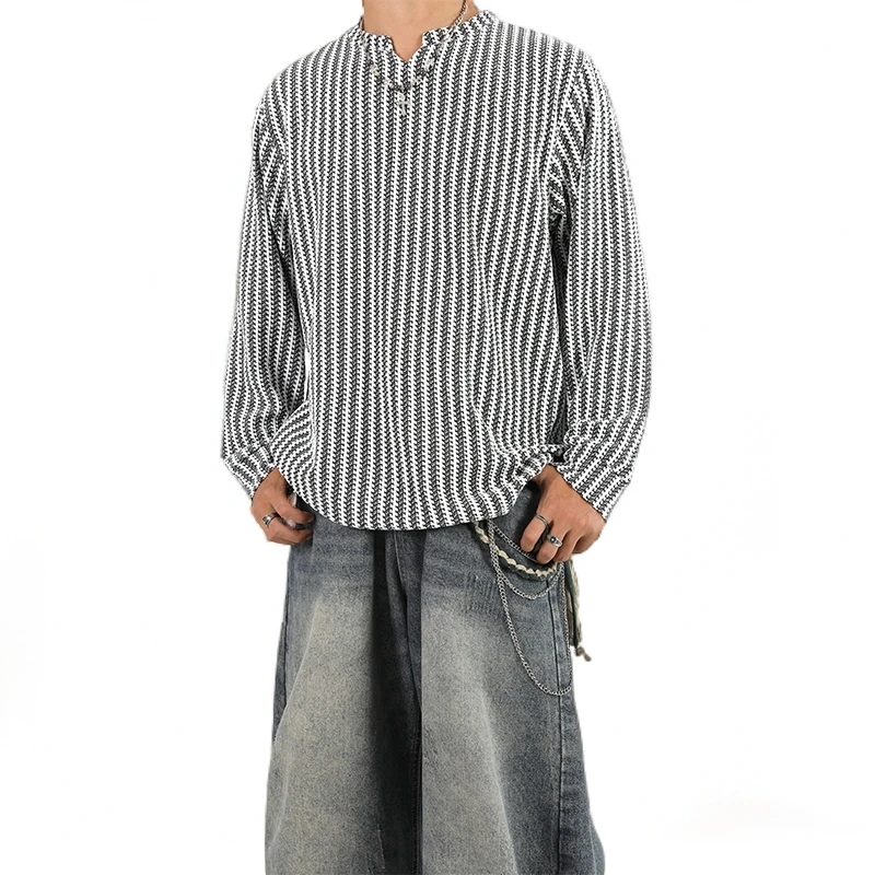 小香风条纹长袖t恤男春秋季美式千鸟格卫衣高级感痞帅针织打底衫