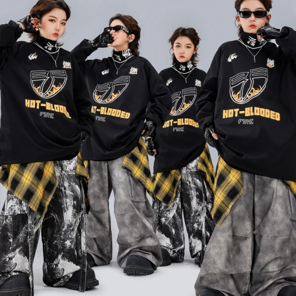 儿童街舞潮服嘻哈hiphop男童宽松黑燃长袖套装街舞服装潮牌儿童
