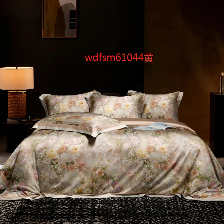 B5309 纯棉100s活性数码印花双人床单 四季花卉黄245*250田园静奢
