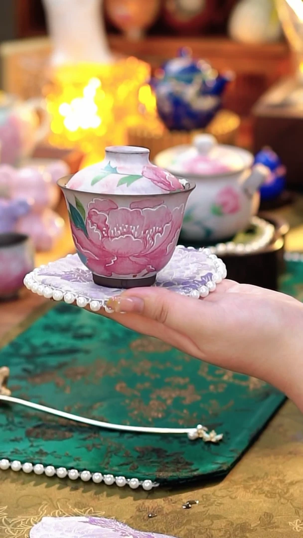 手柄款瓷老岩泥牡丹二才盖碗