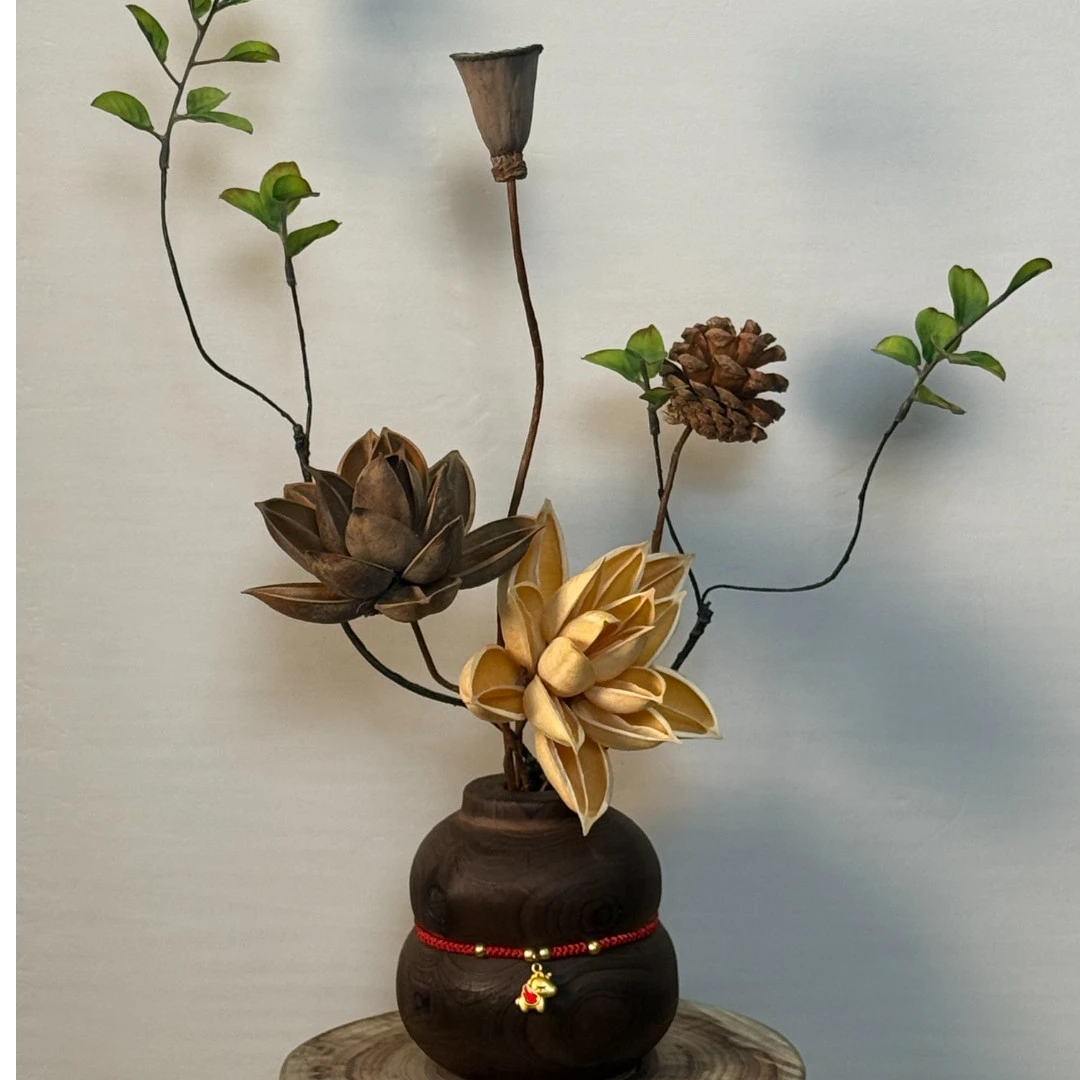实木碳化家居装饰玄关莲蓬手工永生花新中式宋氏美学葫芦花瓶摆件