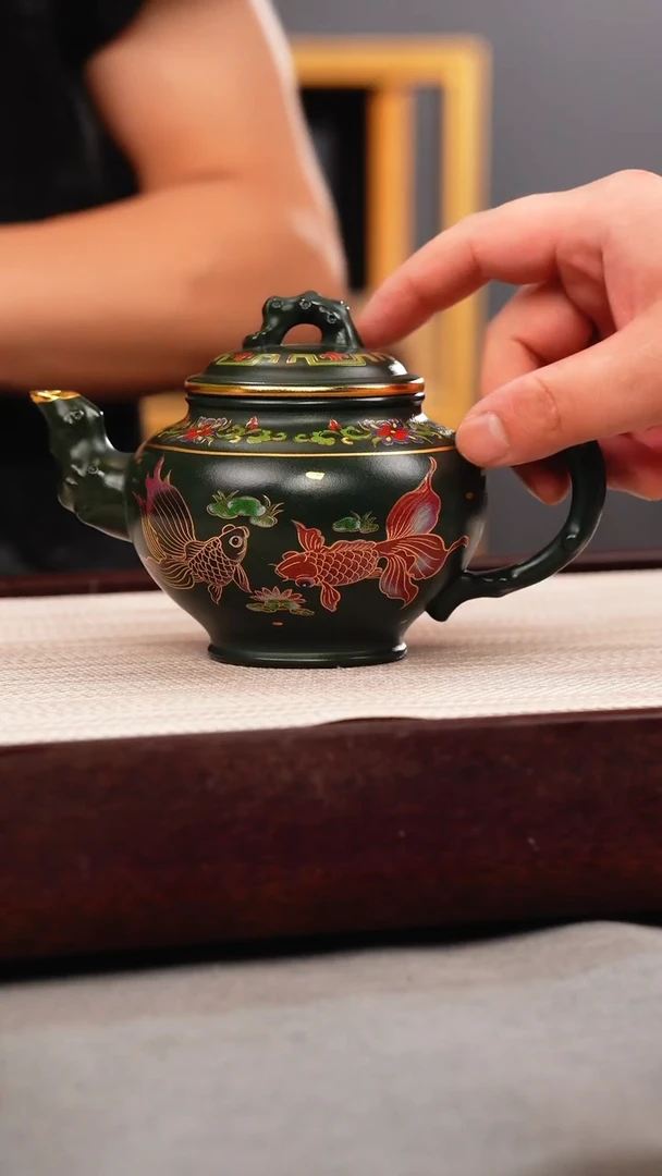 茶壶紫砂绿泥 报春 锦鲤珐琅彩