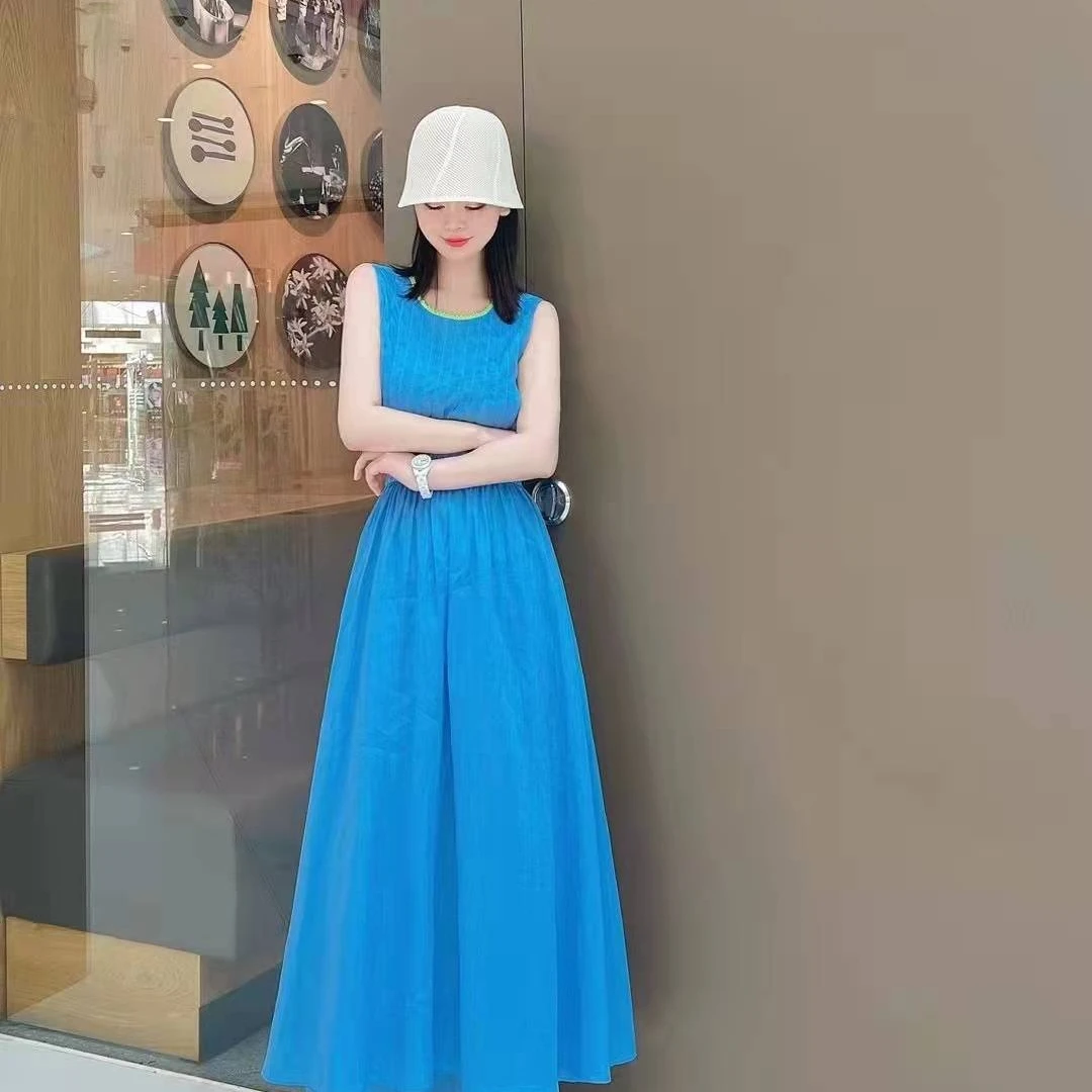 商场专柜女装风感波粒高级感蓝色春夏圆领亚麻无袖连衣裙5500432