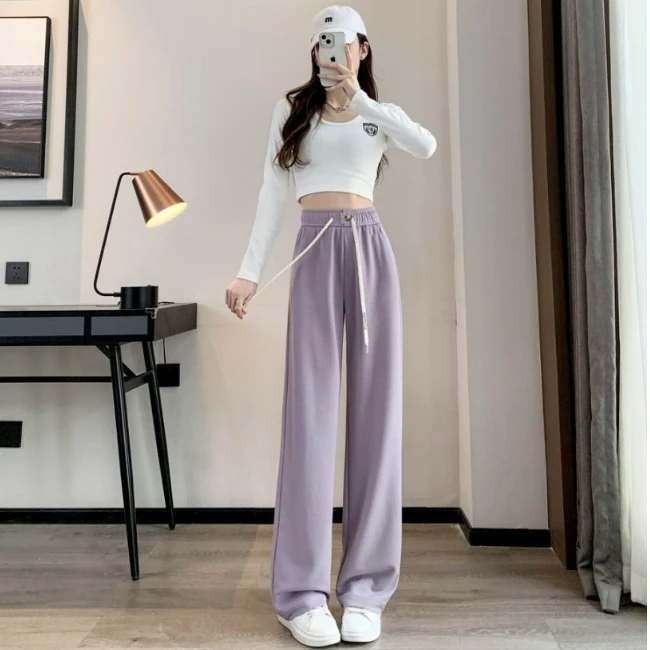窄版宽松显瘦阔腿裤女春秋2025新款淡紫色高腰垂感拖地直筒针织裤