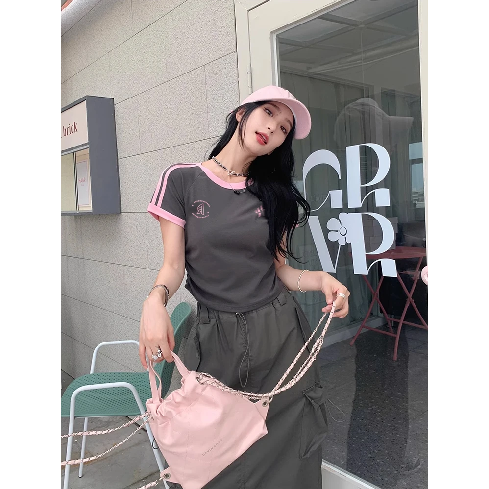 夏季时尚运动风少女粉色印花女款短袖t恤褶皱收腰显瘦设计感