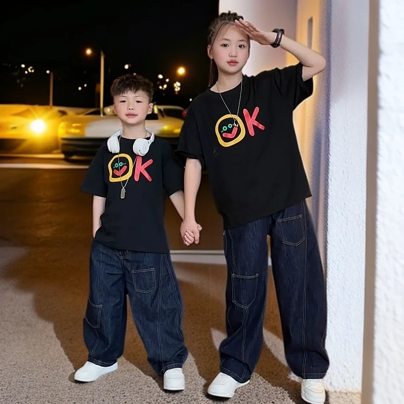 2025款夏季套装男童t恤短袖字母女童夏装弯刀牛仔裤中大童半袖T恤