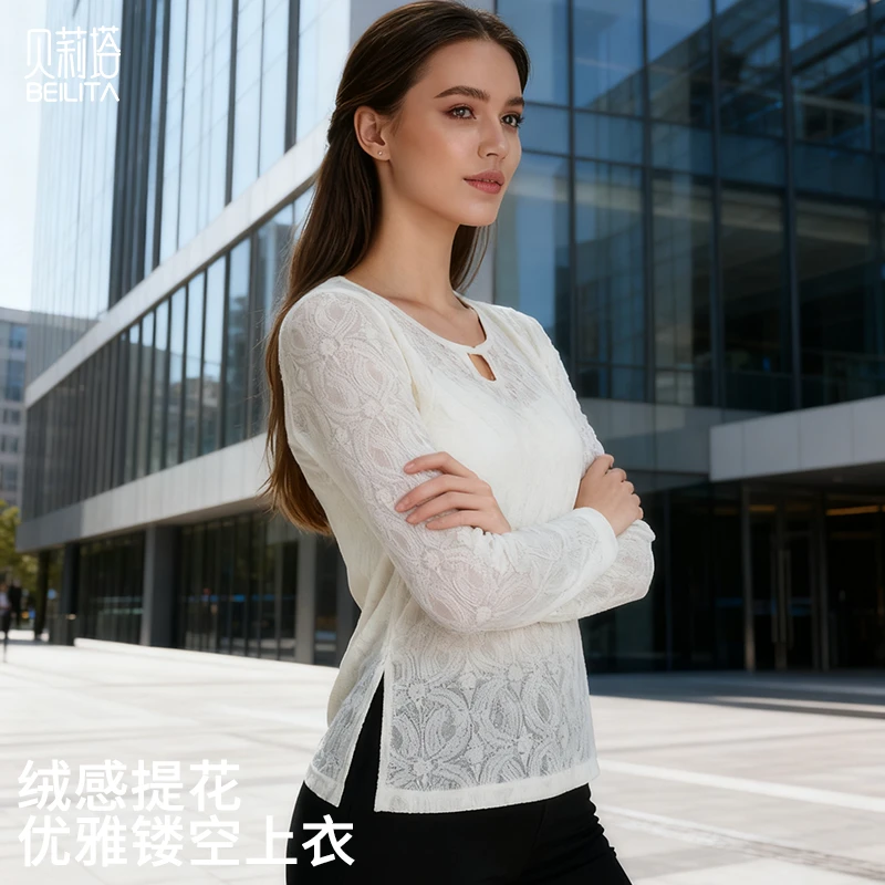贝莉塔绒感复古提花镂空长袖普拉提上衣BLT5212女士运动瑜伽服