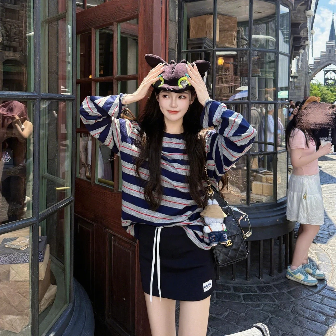 宽松长袖创意短款条纹高腰极简风常规显瘦insT恤百搭夏季复古学生