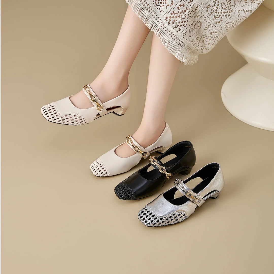 时尚百搭爆款夏季凉鞋女2025经典透气舒适单鞋一字带真皮鞋50298