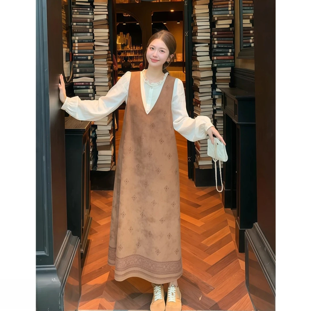 纯欲辣妹圆领木耳边长袖衬衫女秋季新款宽松显瘦背心连衣裙两件套